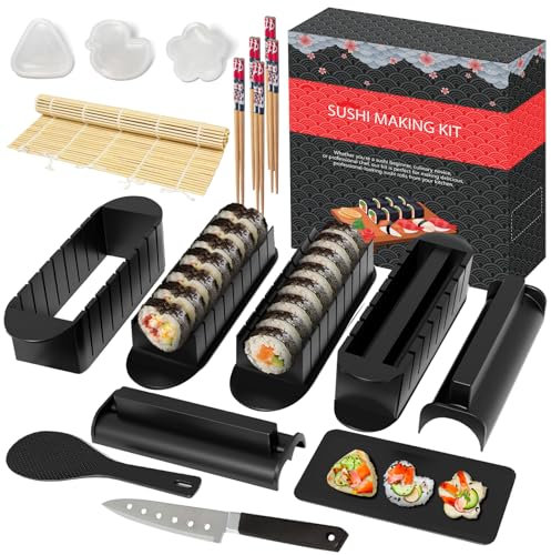 HI NINGER Set para Hacer Sushi – Edición Deluxe: Set Sushi de 20 Piezas para Principiantes con Esterilla, Moldes de Arroz, Cuchillo y Palillos – Kit Completo(Negro)