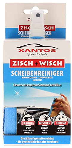 XANTOS Scheibenreiniger Auto - Zisch und Wisch All-in-One Duo Schwamm inklusive 40ml Sprühflasche klein mit Reiniger Konzentrat für Auto, Wohnmobil oder Wohnwagen - Autopflege für zwischendurch