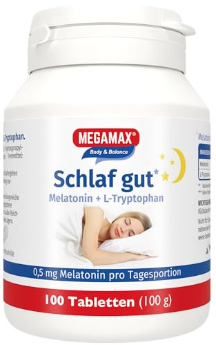MEGAMAX Schlaf gut Melatonin+ L-Tryptophan (0,5 mg Melatonin pro Tagesdosis)-Einschlafhilfe für besseres Durchschlafen mit hochdosiertem Melatonin für eine Gute Nacht