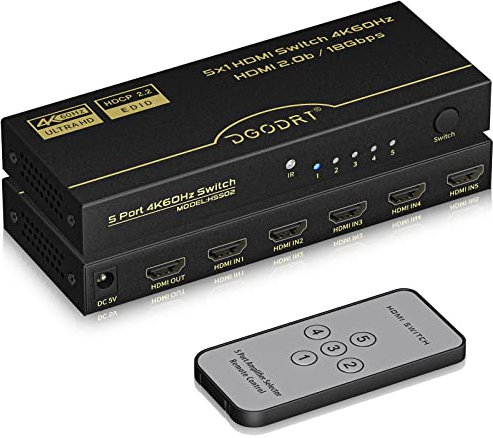 HDMI Switch 5 in 1 Out, HDMI Umschalter 4K@60Hz mit Fernbedienung und Automatische Umschaltung, für HDTV/DVD/Xbox/PS3/PS4/Projektor/Blu-Ray