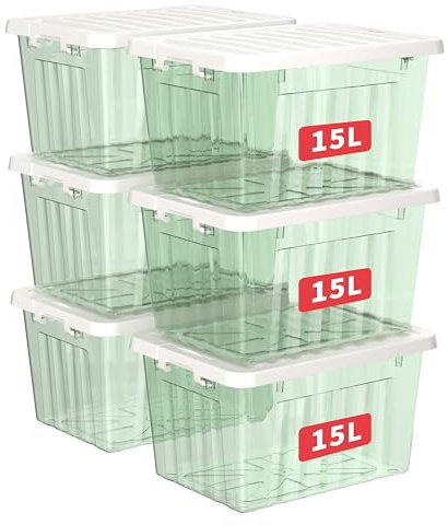 Cetomo 15L*6 Storage Boxes with Lids, Plastic Storage Bins with Latching Buckles, Click Closure, Stackable, Nesting, Organizer for Home Office Clothes, Clear Green, 15L-6 Pack