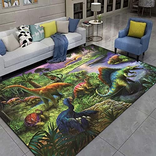 LOMDEM 3D Dinosaurier Teppich Forest River Großer Wohnzimmer Teppich Kinderspielbereich Fußmatte Flanell Weicher Jungen Schlafzimmer Teppich Braun Grün Dinosaurier Läufer Matte (Farbe 1,100x200 cm)