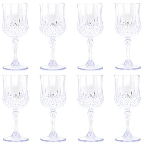 Carousel Home Pack of 8 Embossed Plastic Wine Glass | Cut Crystal Effect Reusable Plastic Wine Glass Clear Plastic Glass Wine | Reusable Drinkware Outdoor Champagne Glass