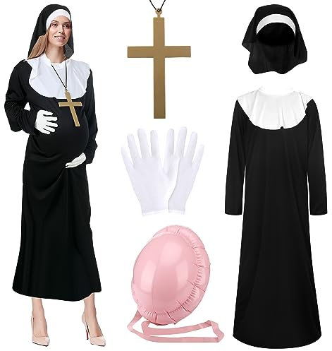 Jiuguva 5 Stück Schwangere Nonne Kostüm katholische Schwester Robe Kragen Schleier Handschuhe Aufblasbar Bauch Kreuz Halskette Halloween Cosplay, Schwarz, Einheitsgröße