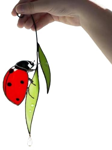 Marienkäfer und Blatt Sonnenfänger aus Buntglas Fenster-Hänger Frühling Sommer Wandkunstelement Fensterbehang für Home Garten Zaun Decor