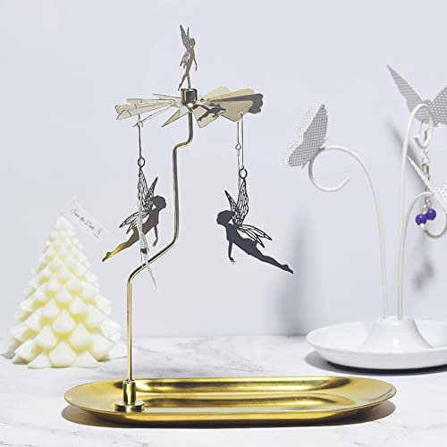 Rotierender Kerzenhalter,Golden Teelicht Karussell,Metall Kerzenständer,Karussell Kerzenständer mit Großem Tablett,drehbare Laterne Teelichthalter für Zuhause/Party/Hochzeit/Tischdeko (Zauberfee)