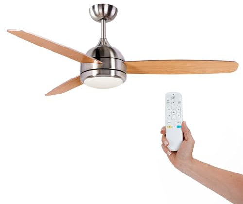 Kekai Ventilador de Techo Siroco Plata DC 132x40cm 55W Plata con Aspas de Madera, Luz Regulable, Temporizador y Aplicación Smart