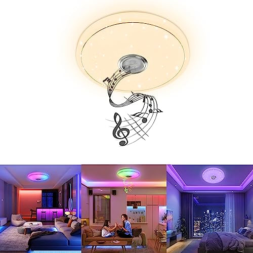 LZQ Lampada da soffitto a LED, dimmerabile, con altoparlante Bluetooth e controllo app, 48 W, RGB cielo stellato, illuminazione da soffitto piatta con telecomando, per camera da letto, cameretta dei