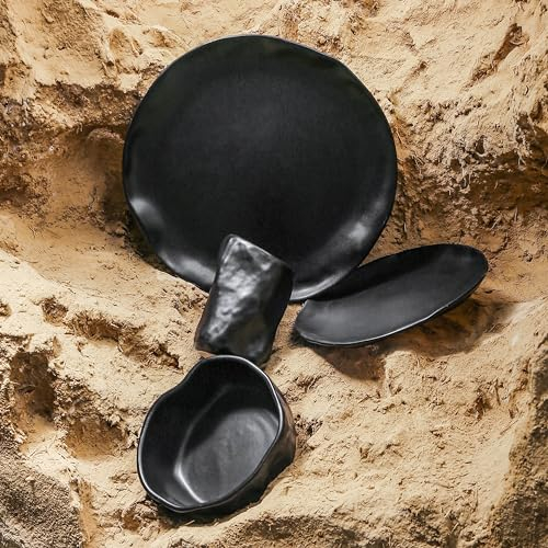 Stone by Mercer Project Atik Modern Steingut Geschirrset, Teller und Schüssel-Set, Geschirrset für 4 Personen, Schwarz, 16-teilig