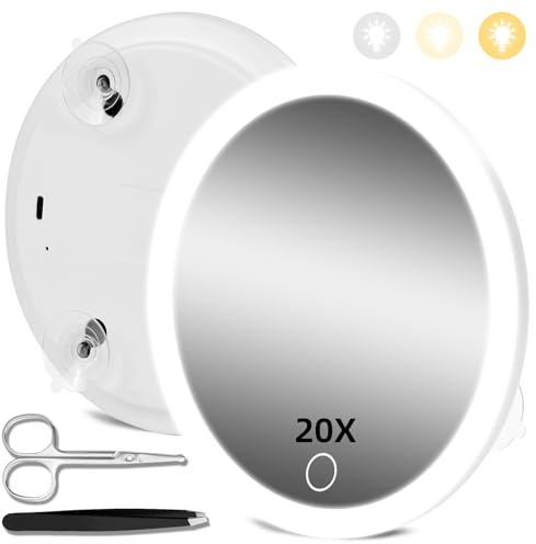 JJhxr 20X Magnifying Mirror with Lights, 20X Magnified Mirror with 3-Color Light Adjustable Brightness, 6inch Travel Magnification with 3 Suction Cups - Includes Tweezers & Scissors Set