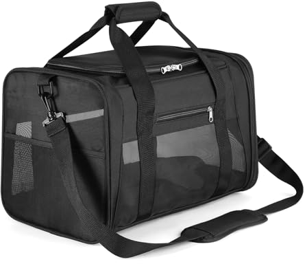 PETTOM Transportbox für Hunde und Katzen 43x28x28 cm, Faltbar, Wasserdicht, mit Schultergurt, Weich Gepolstert, für Reisen im Flugzeug, Auto oder Zug, für Haustiere, Schwarz