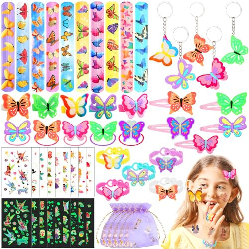 PIWOSGOL Cumpleaños Mariposa Regalo de Fiesta, 50 Pcs Juego Piñata Niña Mariposa, Mariposa Party Favor Set, Mariposa Llavero Pulseras Bofetada AnilloTatuajes Temporales Banda Cabello Bolsa de Fiesta