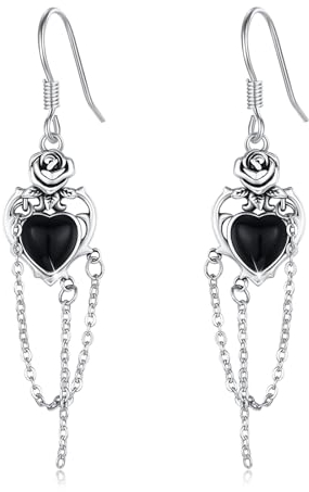 Onyx Gothic Herz Ohrringe Hängend 925 Sterling Silber Schwarzer Onyx Ohrringe Tropfen Rosenblüten Ohrhänger Hexen schwarzer Achat Schmuck Geschenke für Frauen Mädchen