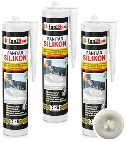 Isolbau Sanitär Silikon 3 x 300 ml Manhattan - Hochelastischer Silikon-Dichtstoff für Abdichtungen & Fugen - wasserdicht - Kartusche
