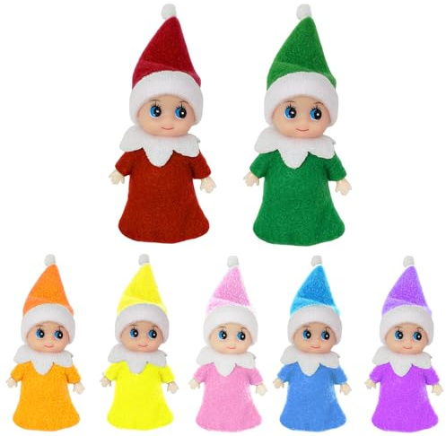 Mienocol 7 Stück Weihnachtselfen Figuren Mini Elfen für Jungen Mädchen,Regenbogen Mini Puppe Elf Weihnachten Baby Winziger Weihnachtself für Weihnachten Neujahr Geschenk,Weihnachtsstrumpffüller