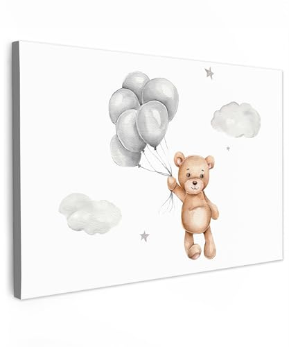 MuchoWow© Leinwand Bilder Wanddeko Wohnzimmer Aesthetic Room Decor Deko | 60x40 cm - Zimmer Wandbilder Modern Bild auf Bär - Luftballon - Sterne - Kinder