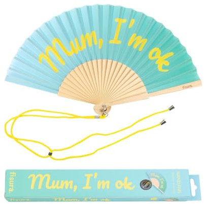 Fisura – Original orange handheld folding fan with “Mum, I'm ok” message. Colorful wooden fan, perfect for gifts, wedding party decoration. Hanger included.
