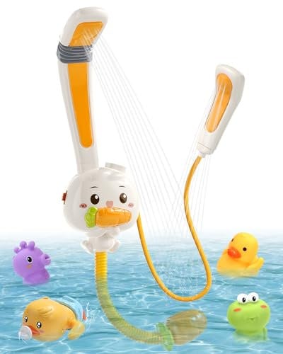 CUTE STONE Jouet de bain lapin avec 2 pommes douche, jouet à pulvérisation électrique avec piles rechargeables, animal à pulvérisation flottant, canard nageur à remonter, jouets pour garçons et filles