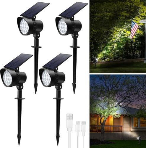 ALUSSO Solar Spot Lights, 3CCT Landscape Spotlights, Dimmable Solar Powered Wall Lights Dark Sensing Auto On/Off, IP65 Waterproof for Pathway,Yard, 4 Pack