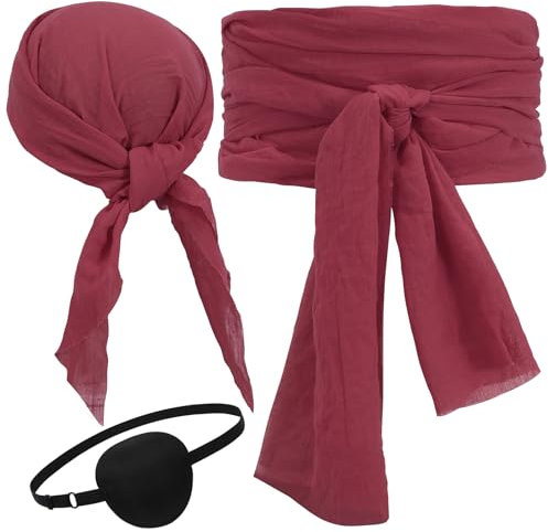 VONMELLI Piraten Kopftuch Schärpe Gürtel Halloween Kostüm Augenklappe Damen Herren Mittelalter Renaissance Bandana Stirnband Taillengürtel Rot