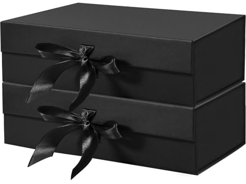 2 Stück Schwarze Geschenkboxen mit Deckel, 26,7 x 19 x 7,8 cm, magnetische Geschenkbox mit Bändern, Geschenkboxen für Halloween, Weihnachten, Geburtstagsgeschenk, Hochzeit