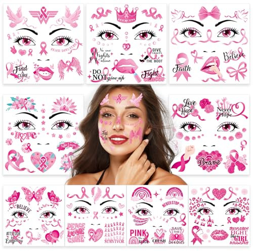 DPKOW Octobre Rose Visage Tatouages Temporaires, 9 Feuilles Ruban Rose Octobre Tatouages Éphémères pour Sensibilisation Cancer du Sein d'Octobre Rose Visage Maquillage Accessoires Corporel Art