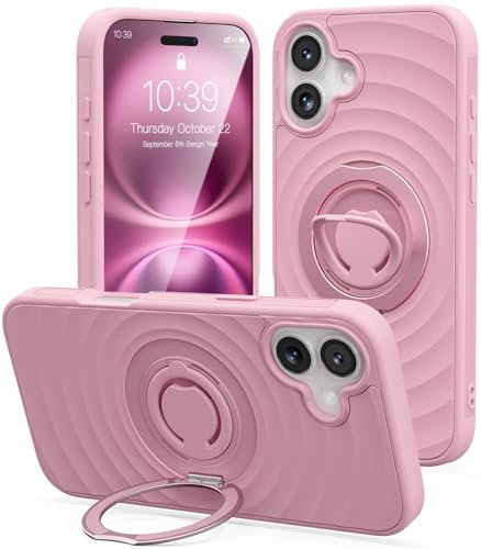 Mowei Compatible with iPhone 16 Case, Magnetic Dual 360° Comfort Ring Grip Holder Stand, Military-Grade Drop Protection with Built in Kickstand, Anti-Slip Edge-Pink Blossom