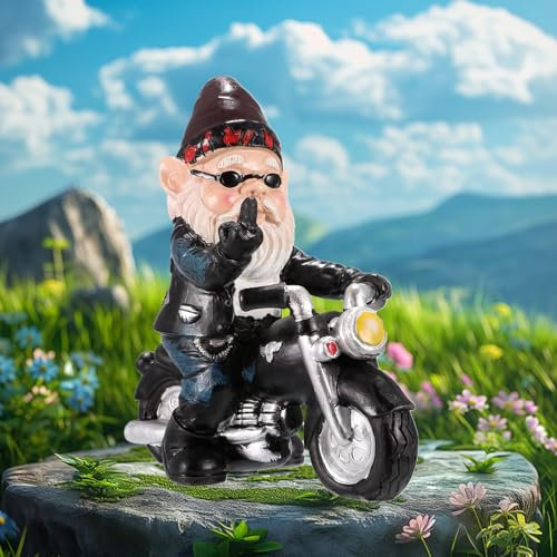 Statue de nain de jardin motard en résine - Décoration de jardin grossière - Imperméable - Protection solaire - Figurine de moto - Décoration artistique pour la maison, la pelouse, la cour