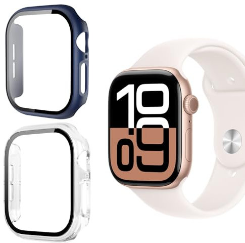 Holilo 2 Piezas Funda para Apple Watch Series 10 42mm, 【Anti-rasguños】 Carcasa Protectora con Protector de Pantalla Marco Protector de PC + Cubierta Protectora de Pantalla - Azul + Transparent