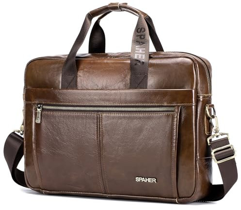 SPAHER Sacoche Ordinateur Cuir Homme 15,6 Pouces Porte Document Sac Bandoulière à Main Affaire Serviette Business