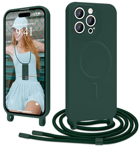 Ethanger Handyband für iPhone 15 Pro Hülle mit Band, Grün | Kompatibel mit Magsafe, Flüssig Silikon Necklace Handyhülle, Magnetische Schutzhülle zum Umhängen Kordel