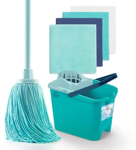 Blue Dolphin - Fregona con Palo Plegable y Cubo más 4 bayetas de Microfibra reciclada Set de Limpieza sostenible para hogar Suelos y Todo Tipo de Superficies