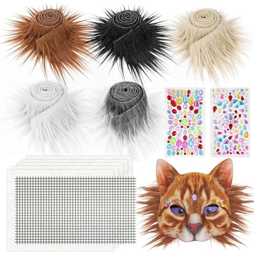 UxClishe Juego de 13 máscaras de gato Therian, tela de fieltro adhesiva de 5 colores con mallas para ojos y calcomanías de gemas para máscara de gato DIY