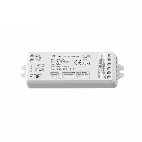 WHARGTSL Tuya – variateur Intelligent sans Fil, 2 canaux, 10a, 2.4G RF, télécommande, Interrupteur de Gradation, WW CW CCT, contrôleur WiFi WT1 for Bande, DC12V 24V 36V