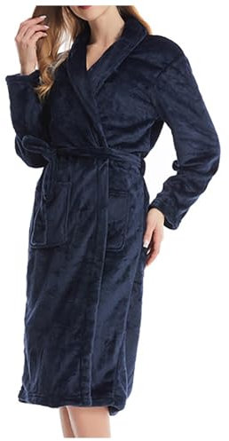 Beokeuioe Women's Dressing Gown Fleece Bathrobes for Women Bathrobe Women's Fluffy Sauna Gown Winter Kimono Knee-Length Robe Pyjamas Plush Sleepwear Flannel Loungewear, navy, L