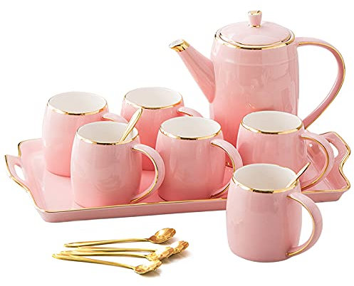WOTZOV Porcelain Tea Set Coffee Cups Teapots Ceramics Teaset Coffee/Tea Sets, 1150ml Coffee Pot, Pink Tea Service of 6 Cups for 300ml