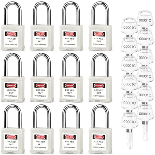 BOZZYS Lockout Tagout-Schlösser, 12 Stück, OSHA weiße Loto-Schlösser, gleichschließend, 12 gleiche Schlüssel, Set für Industriemaschinen und elektrische Paneele, Chromstahl und Lasercodierung