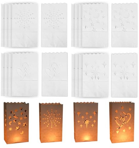 BigKego 20 Stück Papier Lichttüten Kerzentüten Candle Bags Teelicht Lichtertüten Weiß Kerzenhalter Deko Kerzen Laternen für Hochzeiten Geburtstage Weihnachten Dekorationen 4 Muster