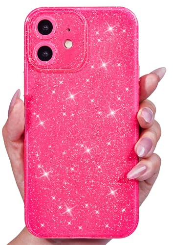 Svanove for iPhone 12 Case Glitter, Sparkly Girly Cute Bling Sparkle Shiny Shimmer Bright Phone Case for Women Girls, Glittery Thin Slim Jelly Soft Silicone Rubber Gel Plastic Cover, Neon Hot Pink