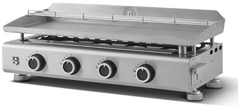 BRASERO - Plancha Silvia Evo 4 Feux Plaque INOX de 84 x 34 cm - 4 brûleurs - Grille de réchauffement - Piezo intégré - Tiroir Graisse avec jauge de niveu - Jusqu'à 12 convives - 10,6 KW