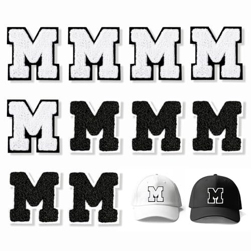 JSRQT 10Pcs Iron on Patches Letter M, Black White Alphabet Sew On Patches Embroidery Applique 7cm, Self Adhesive Letter Embroidered Patch Decorate for Clothing, Hat, Bag, Jackets, Jeans, Repair Hole