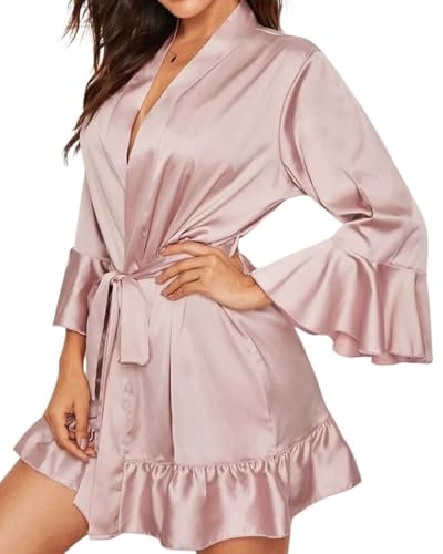 Rayson Accappatoio Donna Manica Lunga Sexy Profondo Scollo a V Camicia da Notte Raso Pizzo Simulato Seta Homewear(Rosa,L)