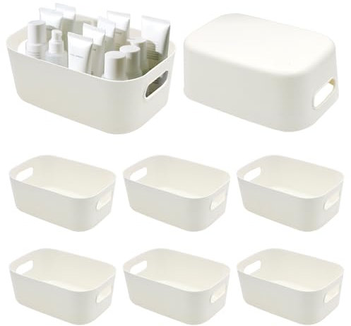 UKONWIT 8 Pcs Plastic Storage Baskets & Boxes for Kitchen Storage & Organisation, Bathroom Small Boxes for Shelves, Bathroom Basket with Handle, White, Suitable for Office and Home