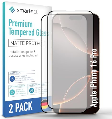 smartect Schutzglas 2 Stück Full Screen Matt für iPhone 16 Pro | HD Panzerfolie Anti-Kratzer, Displayschutz entspiegelt, 9H Härte, Stoßfest, Blasenfrei