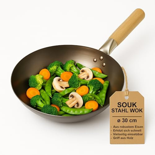 SOUK ONE Grill-Wok Einsatz 30 cm – Aus robustem Stahl | Für Gemüse, Fisch & Fleisch | WOK für perfekte Hitzezirkulation | Ideal für Gas- & Holzkohlegrill