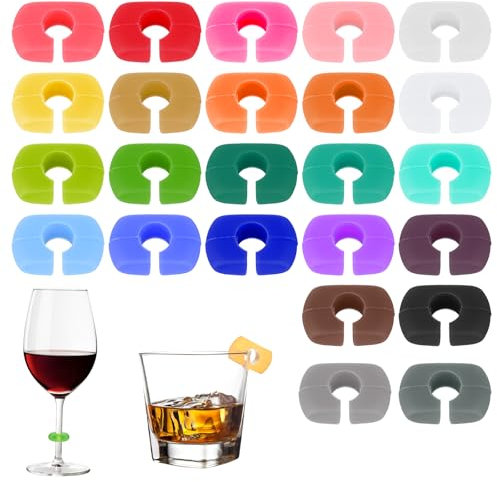 Lnngub 24 Pcs Wine Glass Charms,Silicone Drink Markers Reusable Drink Charms Wine Markers for Glasses Champagne Flutes Cocktails Martinis(Colorful)