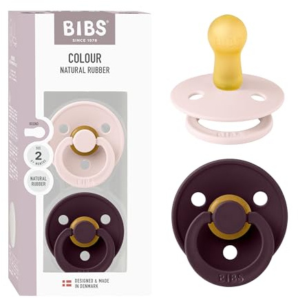 BIBS Colour Schnuller 2er-Pack, BPA-frei, Kirschform Nippel. Naturkautschuk/Latex, Hergestellt in Dänemark, Größe 2 (6-18 Monate) - Petal/Plum