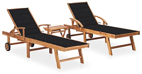 QUAHEAS Sonnenliegen 2er Set, Massivholz Teak, verstellbar, mit Auflagen, Beistelltisch, Rollen, für Garten, Terrasse