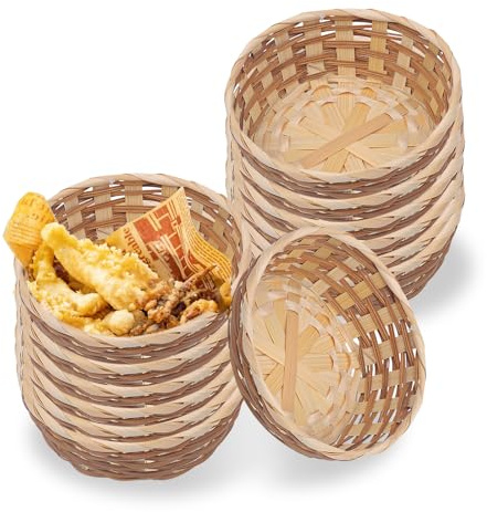 12 Pack Round Gift Baskets, 17cm Bamboo Bread Basket Handmade Woven Food Roll Baskets Small Fruit Serving Basket for Kitchen Storage Restaurant Display