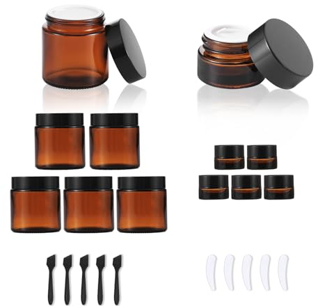 Lot de 5 pots à pommade en verre ambré 5 x 100 ml + 5 x 5 ml avec couvercle étanche avec spatule, grandes et mini boîtes hermétiques pour les stocks et les voyages, pots en verre ambré pour crème